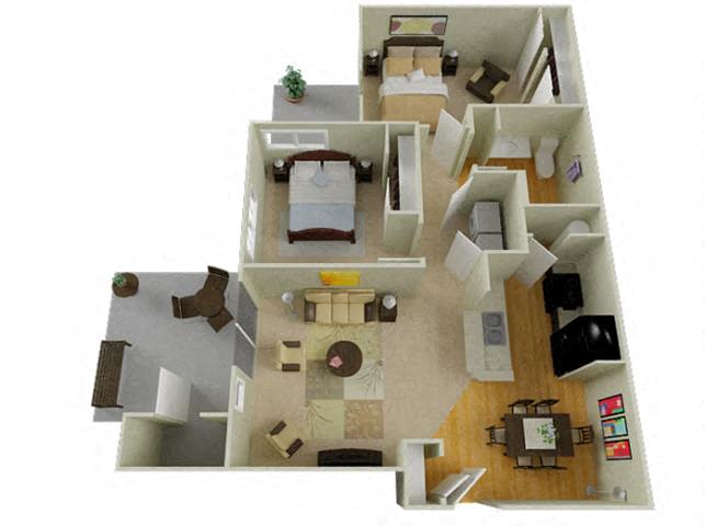 Floor plan for 2 beds, 1 bath, 953 sqft